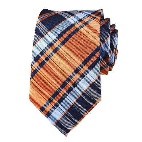 Classy Men Blue Orange Plaid Silk Tie