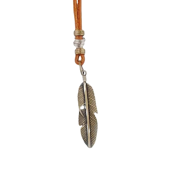bronze feather necklace with a brown vegan leather chain