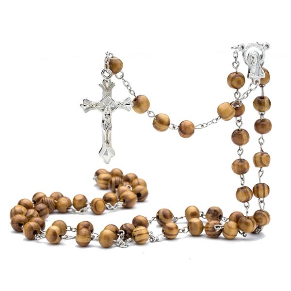 brown wood beaded rosary necklace with silver chain and cross