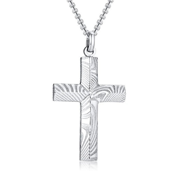 A silver-toned cross pendant necklace made of Damascus steel