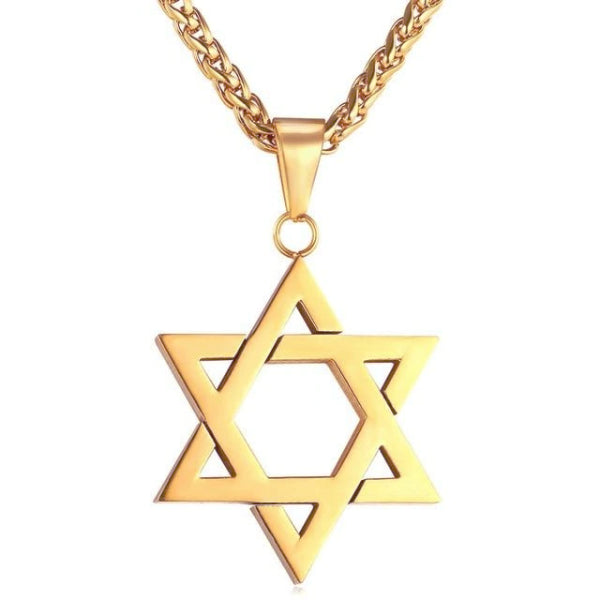 Gold Jewish Star of David hanging from a wheat chain