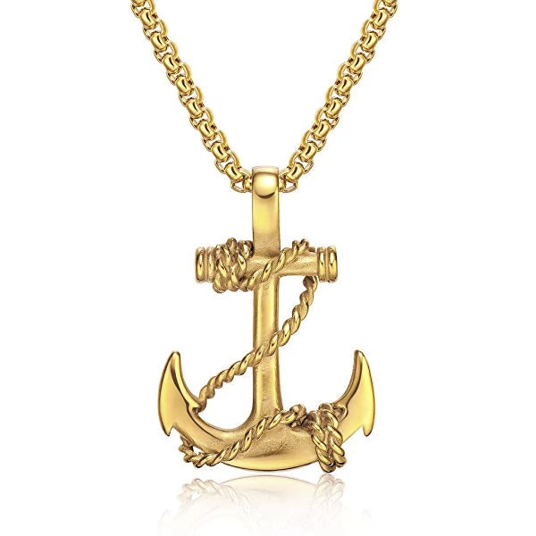 Gold Anchor Pendant Necklace For Men On A White Background