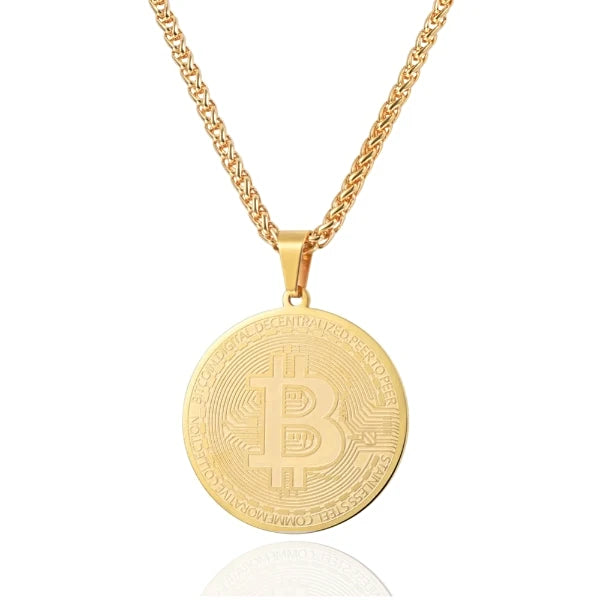 Gold Bitcoin digital currency pendant hanging on a chain necklace