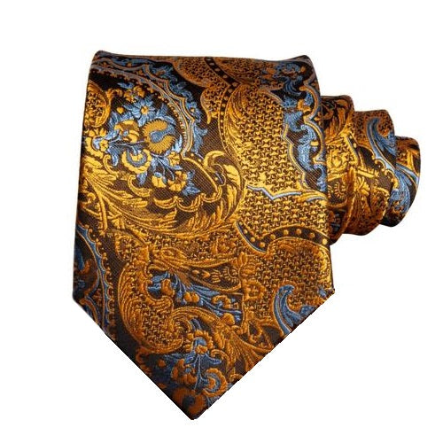 Classy Men Gold Blue Floral Silk Tie