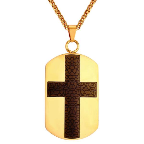 Gold dog tag cross necklace for men - black cross on a gold pendant