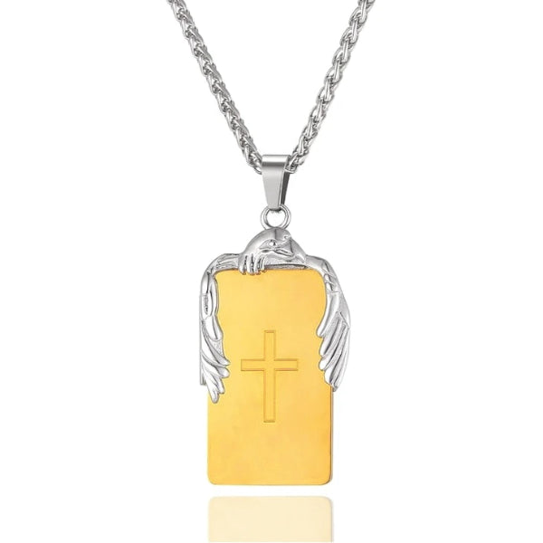 gold cross plate pendant with an eagle on top hanging from a chain