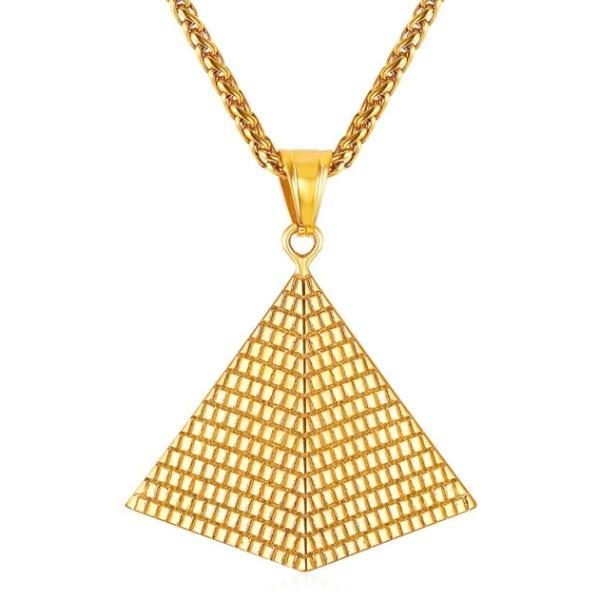 Gold Egyptian pyramid pendant hanging on a necklace