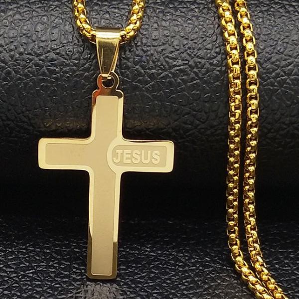 Classy Men Gold Jesus Cross Pendant Necklace