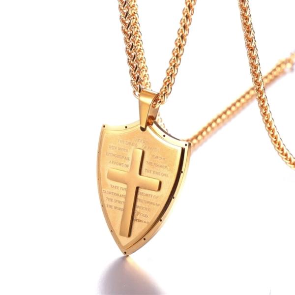 Classy Men Gold Shield Of Faith Pendant Necklace