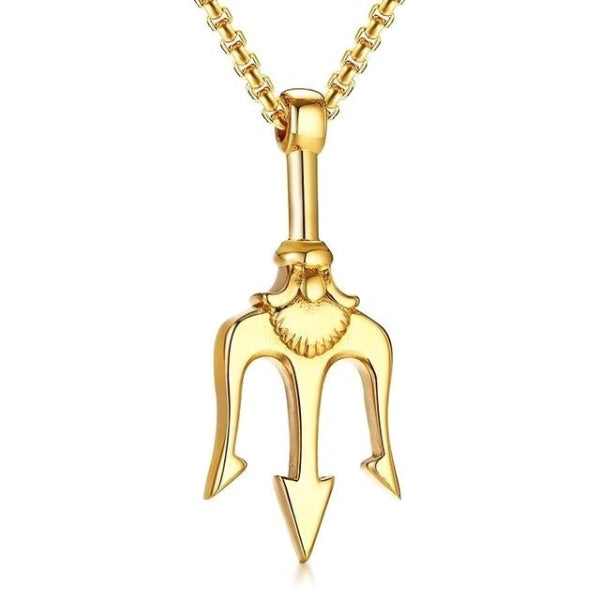 Classy Men Gold Poseidon Trident Pendant Necklace