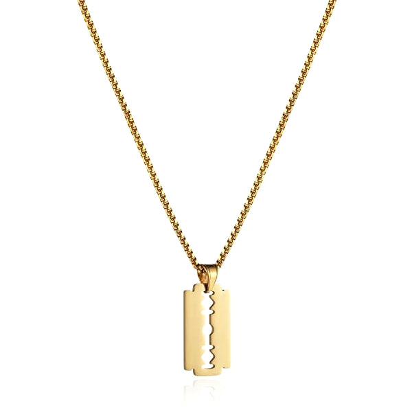Gold Razor Blade Pendant On A Gold Box Chain Necklace