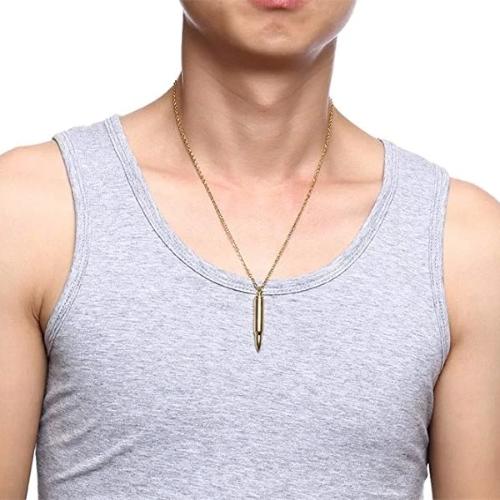 Man Wearing A Gold Rifle Bullet Pendant Necklace