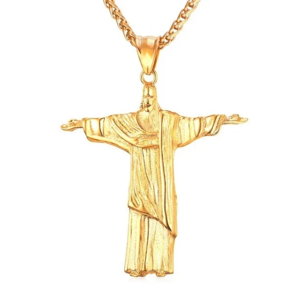gold jesus christ necklace amulet with hands wide open in salvation