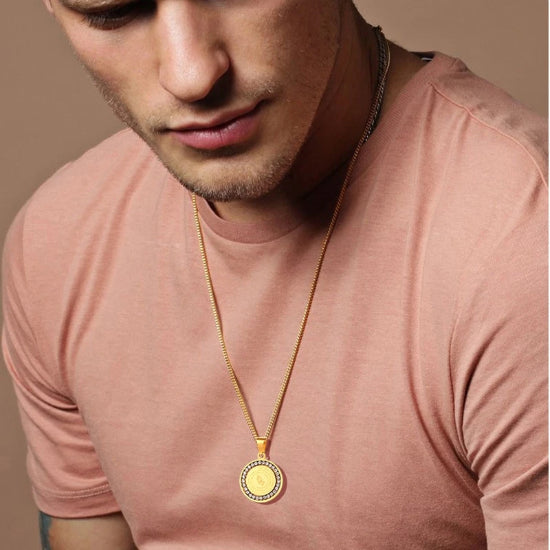 Man Wearing The Gold Serenity Prayer Pendant Necklace