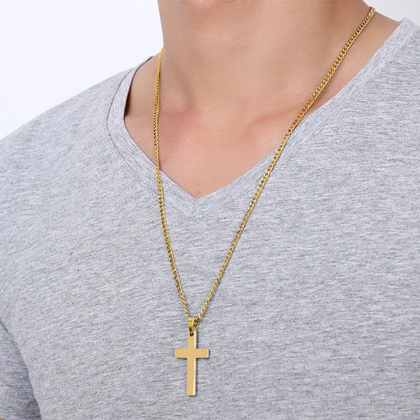 Collana da uomo di classe con pendente a croce cristiana piccola in oro