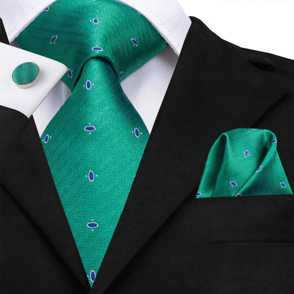 green dot novelty silk tie set on a suit