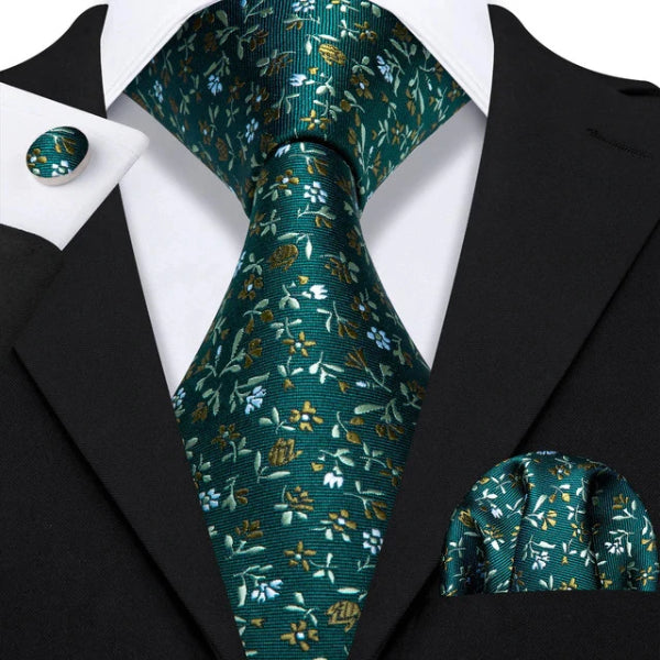 Green flower silk tie set on a suit