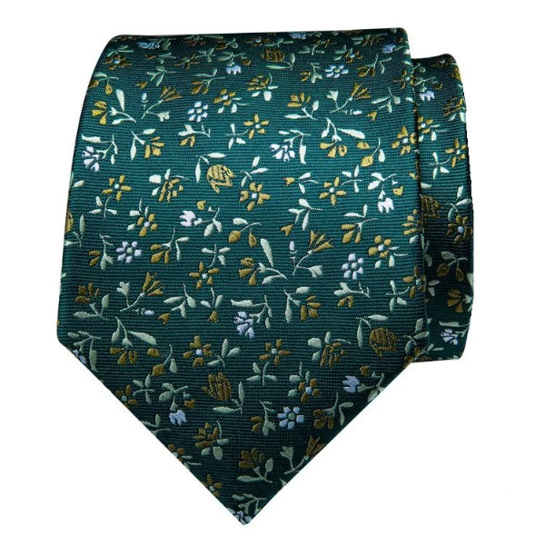Green silk tie with white and gold flowers