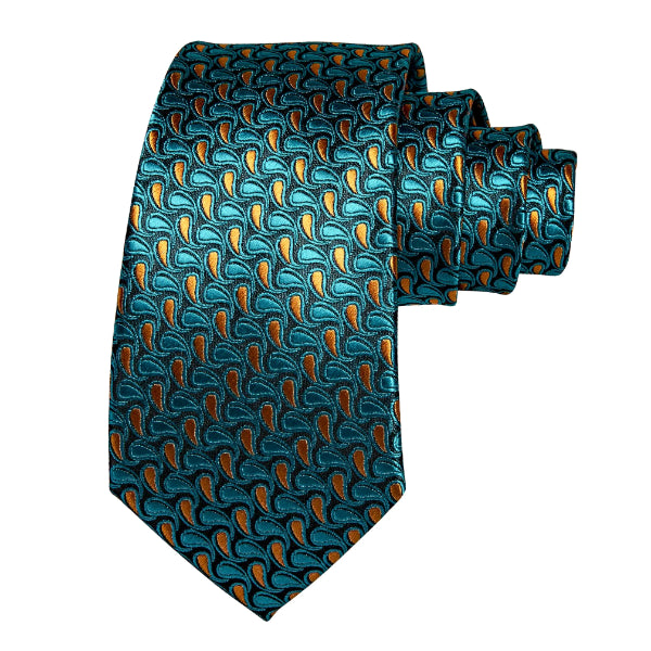 Teal & gold silk necktie with small repetitive paisley pattern