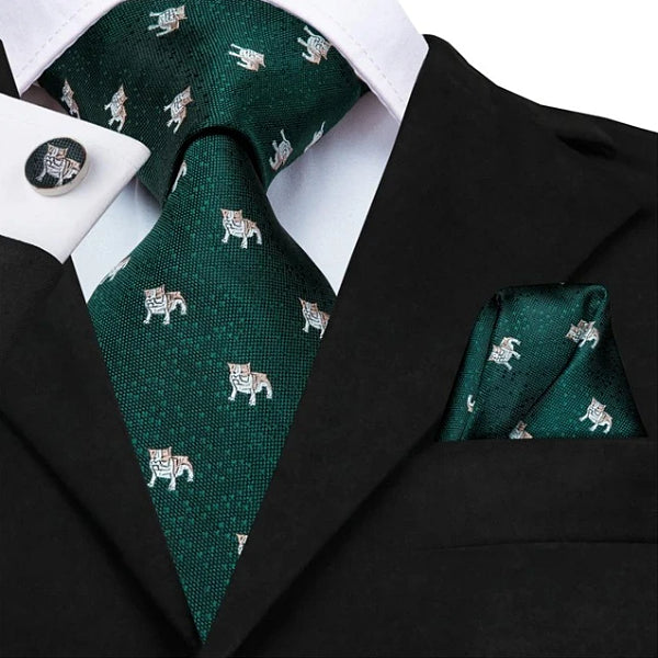 Green silk novelty puppy tie set on a suit
