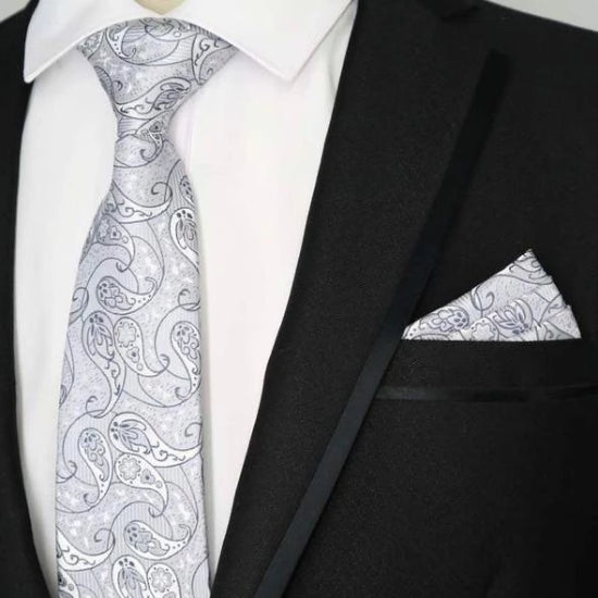 Cravatta di seta Paisley bianca grigia da uomo di classe