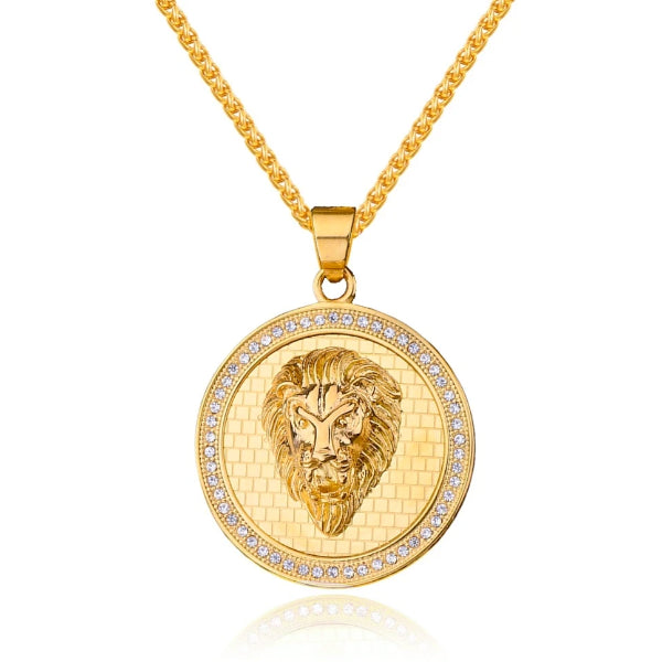 Large golden lion coin hanging from a gold chain