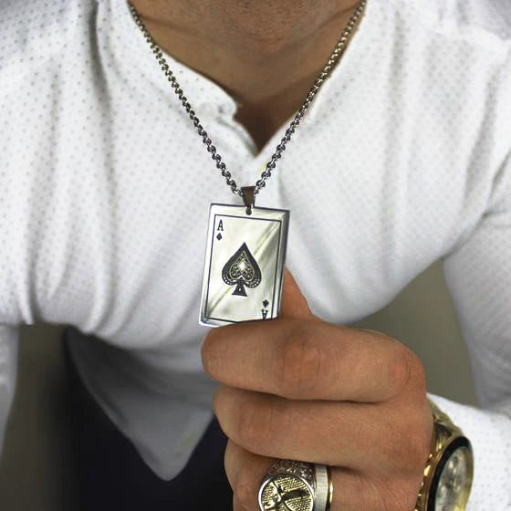 Man Wearing An Ace Of Spades Pendant Necklace