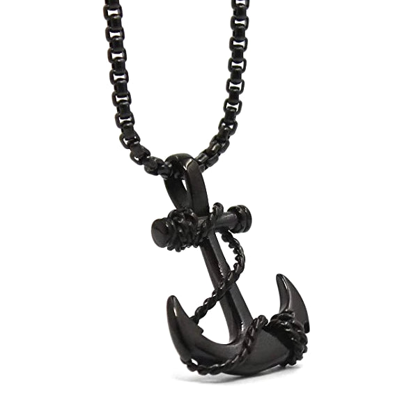 Black Anchor Pendant Necklace And Black Box Chain For Men
