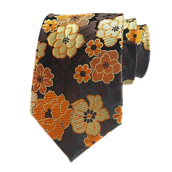 Cravatta di seta floreale marrone arancione di classe da uomo