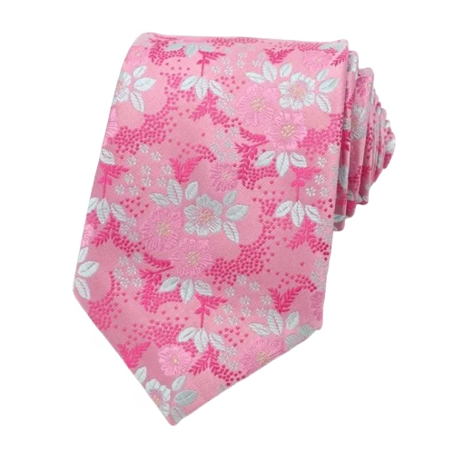 上品な男性ピンクの花柄シルクネクタイ