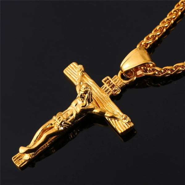 Classy Men Gold Jesus INRI Cross Crucifix Pendant Necklace