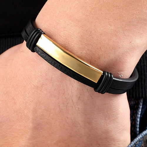 Classy Men Gold Bar Leather Bracelet