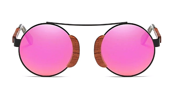 Classy Men Pink Round Wood Sunglasses
