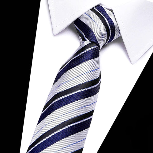 Cravatta di seta a righe blu navy argento da uomo di classe