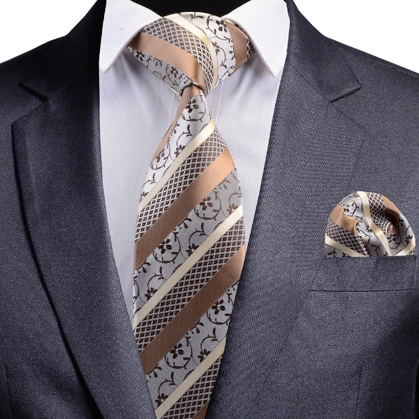 Classy Men Gold Striped Floral Silk Necktie