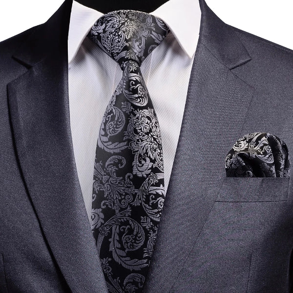 Classy Men Black & Silver Paisley Silk Necktie - Classy Men Collection