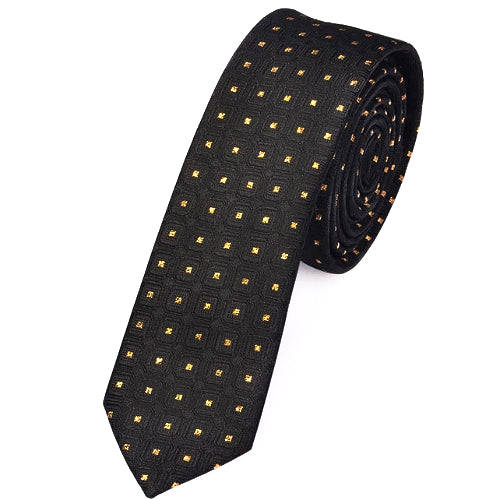 Skinny Black Tie With Gold Square Pattern | Classy Men Collection