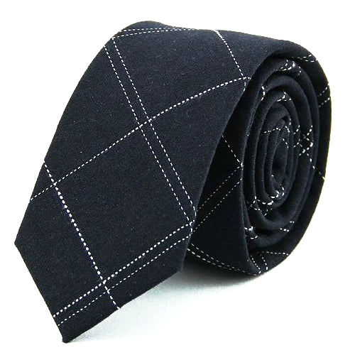 Cravatta skinny in cotone a quadretti blu scuro da uomo di classe