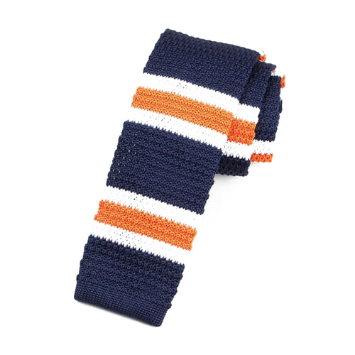 Classy Men Blue Orange Striped Square Knit Tie