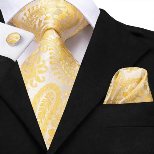 Classy Men Gold Paisley Flower Silk Tie