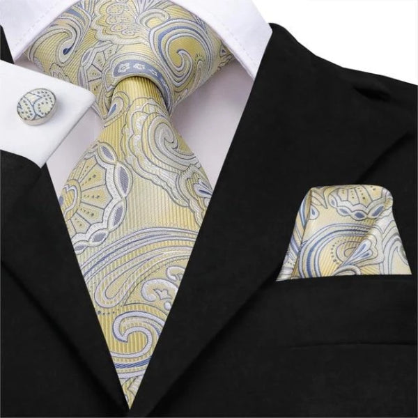 Classy Men Light Gold Blue Floral Silk Tie