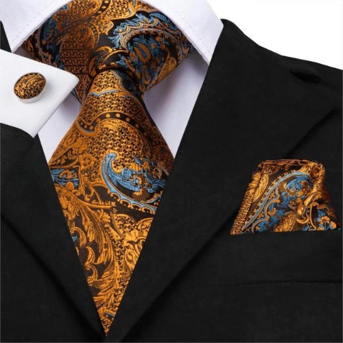Classy Men Gold Blue Floral Silk Tie