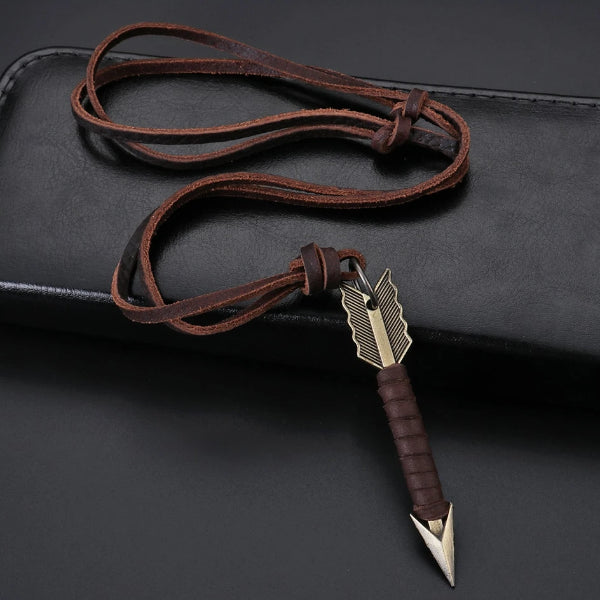 Arrow pendant with brown leather necklace for men