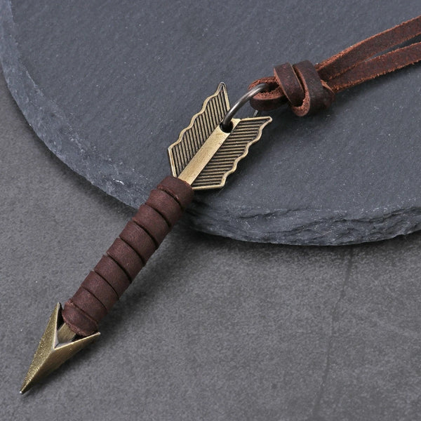 Mens arrow pendant with brown leather necklace
