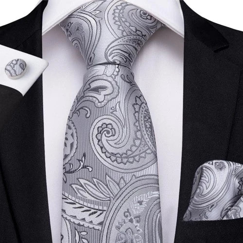 Classy Men Dark Silver Paisley Silk Tie