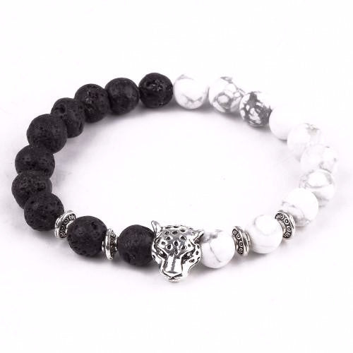 Black/White Leopard Head Bracelet With Lava Stone And Marble Beads ...