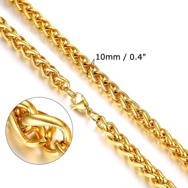 Classy Men 10mm Gold Braided Wheat Chain Necklace