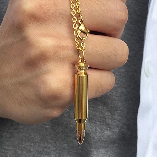 Mens Rifle Bullet Pendant Necklace in Gold Color