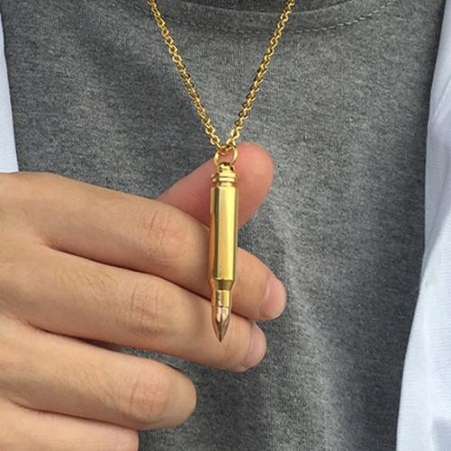 Man Wearing A Gold Rifle Bullet Pendant Necklace