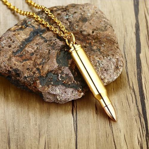 Closeup Image Of The Gold Rifle Bullet Pendant Necklace